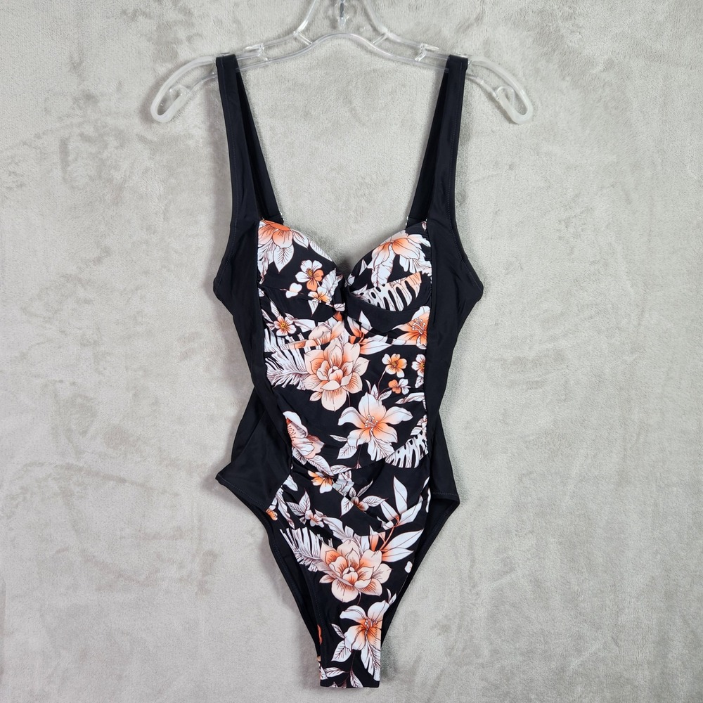 Cupshe Swimwear Womens‎ XS Floral Ruched One Piece Swimsuit Black Orange Summer